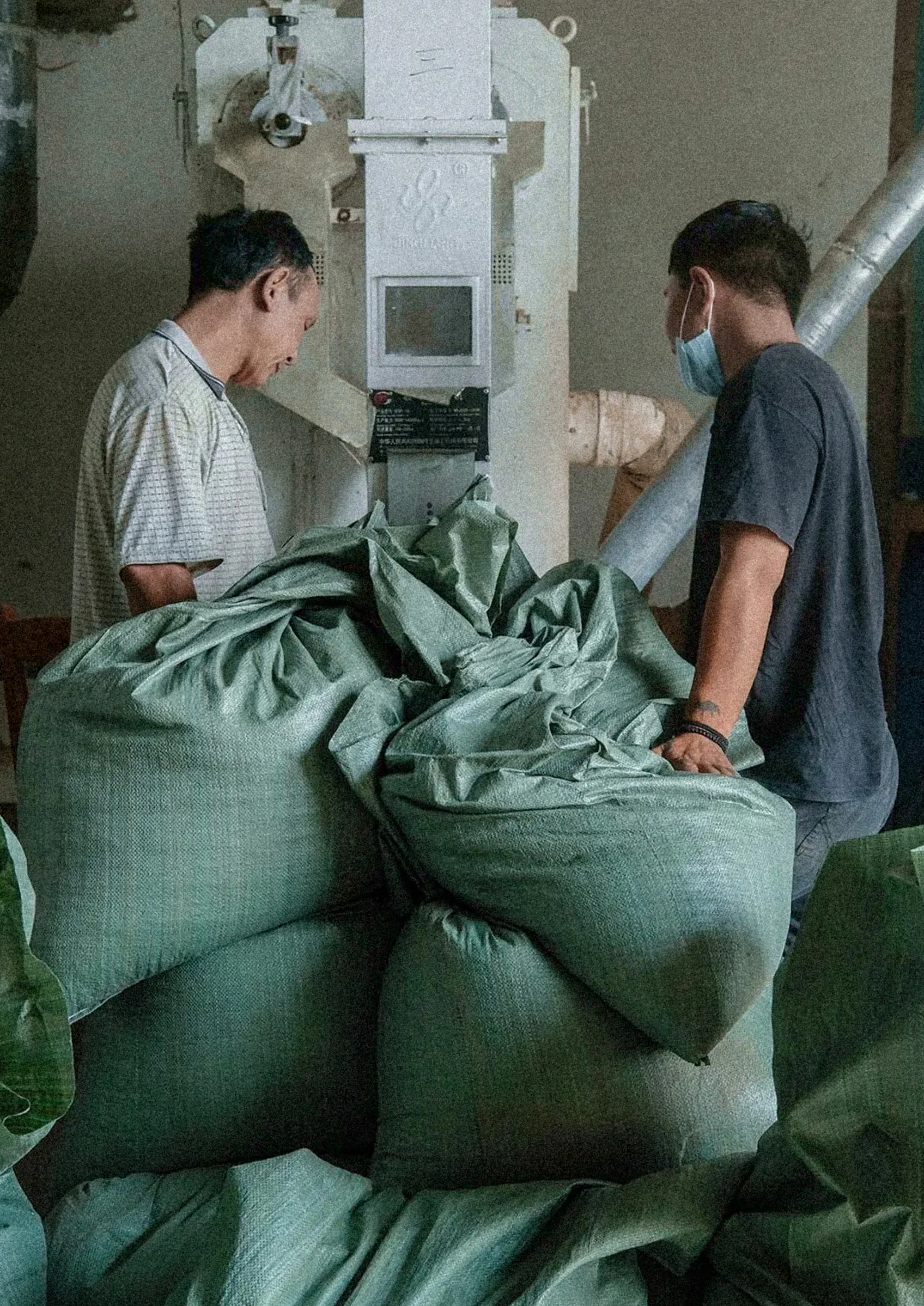 Deux hommes près de sacs de café vert empilés, devant la machine de décorticage